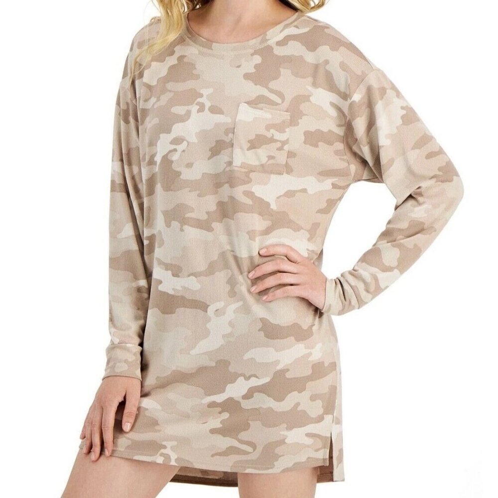 Jenni Women's Soft Long-Sleeve Sleepshirt, Toffee Brown Beige Camouflage